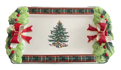 Spode Christmas Tree Tartan 12 In. Tray Bows & Holly Dolomite Handles New In Box - Image 1 of 4
