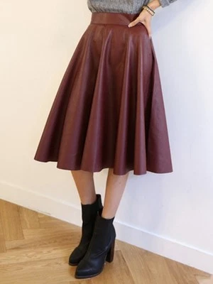 Women's Trend Faux Leather A-Line Swing Flare Wine Red Mid Calf Skirt  -One Size - Image 1 of 3