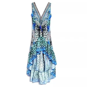TRUE COLORS❅� La Moda Rüschen Schwimmen Überziehen Größe S/M Hi-Low Blau Maxikleid Neu mit Etikett - Bild 1 von 6