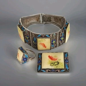 Juego de broches brazalete vintage chino de plata esterlina filigrana esmalte azul - Imagen 1 de 19
