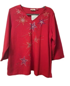Women Quacker Factory Red Cotton Pullover Sweater Sequin Stars Fireworks Size XL - Picture 1 of 8