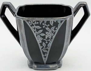 MCM Art Deco Zuckerdose mit zwei Griffen quadratisch schwarz Glas offen mit Silberüberfang - Bild 1 von 7