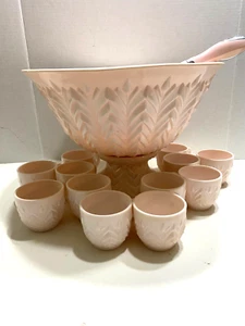 Jeannette Feather Shell Pink Milk Glass Punch Bowl Set 12 cups Vtg 1950's - Picture 1 of 22