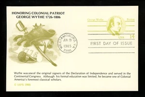 US FDC #UX108 KMC Venture #323 1985 Williamsburg VA George Wythe patriot - Picture 1 of 2