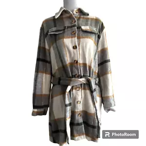 Womens Plaid Shacket Jacket Lapel Button Down Flannel Shirt Loose Fit Belted S - Picture 1 of 7