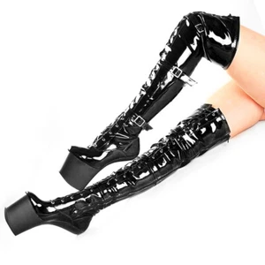 NEW SEXY 7.9" HIGH HEEL HEELLESS HOOF PONY PLATFORM COSPLAY BELT THIGH HIGH BOOT - Foto 1 di 10