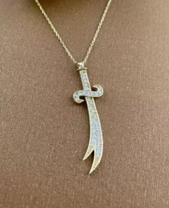 2Ct Round Cut Moissanite Diamond Zulfiqar Pendant 14K Yellow Gold Over Chain 18" - Picture 1 of 7