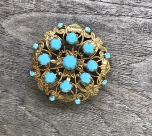 Vintage Brosche Anstecknadel goldfarben blau türkis Strass - Bild 1 von 7
