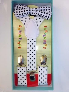 Baby Toddler Kids Child White Black Polka Dot Suspenders Bow Tie Gift Box Set - Picture 1 of 3
