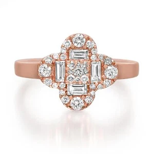 Baguette & Round Cut Diamond Clover Flower Ring 14K Rose Gold 0.60Cttw Size 6 - Picture 1 of 5