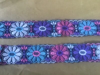 5 YDS,GORGEOUS COLORS FLORAL COTTON EMBROIDERED ON DARK DENIM  - Image 1 of 3