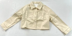 girls faux leather crop jacket size 8/9 cream long sleeve collar buttons polyest - Picture 1 of 6
