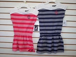 Girls Nautica $34.50 Rose Coral or Navy Striped Dress Sizes 4 - 6X - Picture 1 of 4