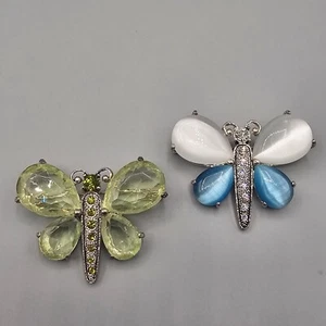 Butterfly Brooch Pin Set (2) Silver Tone Green Moonglow White Blue - Picture 1 of 9