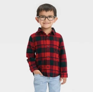 CAT & JACK KIDS 4T Toddler Red PLAID BUTTON DOWN LONG SLEEVE FLANNEL SHIRT NWT - Picture 1 of 2