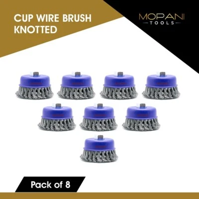 Paquete de 8 cepillos de taza de alambre de 4 pulgadas (4”) anudados retorcidos para amoladora angular con 5/8"-11 Foto 1 de 4