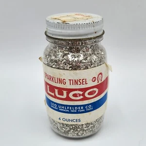 Vintage Luco Sparkling Tinsel Glitter Double Plated Silver 4oz FULL Jar NY, USA - Bild 1 von 7