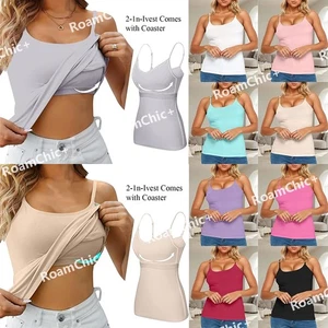 2 in 1 Women Padded Built in Bra Cami Vest Camisole With Shelf Tank Tops T Shirt - Picture 1 of 31