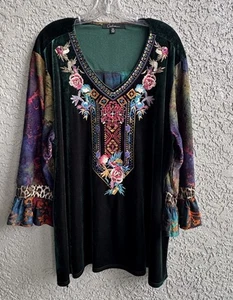 CALESSA Damen 3X Bluse Samt geprägt Stickerei Patchwork Rüschenärmel - Bild 1 von 13