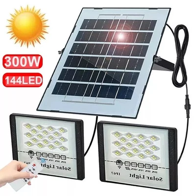 Solar Powered LED Double Head Floodlight Garage Shed Light Garden Indoor Outdoor - Image 1 of 4
