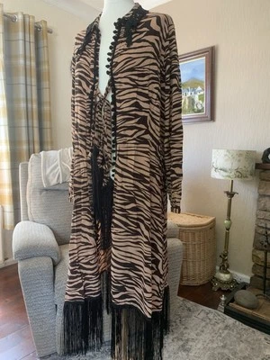 Boho kimono Upcycle Animal Print Lace Fringe Handsewn Festival Lightweight - Image 1 of 4
