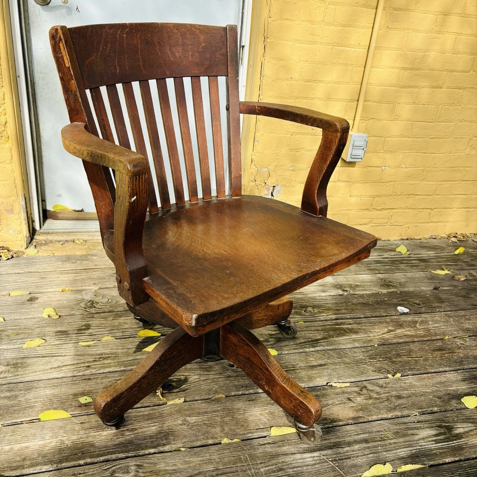Antique Wood Bankers Office Swivel Desk Arm Chair Taylor Chair Co. Bedford Ohio - Image 1 of 4