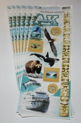 6 Alaska Scrapbook Craft Sticker Sheets-State Parks Bear Cruise Ship Whale Moose - Image 1 of 2