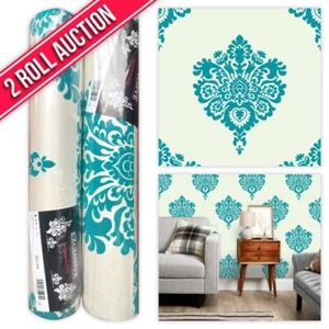 Auction for 2 Rolls of Timeless Genuine Flock Damask Wallpaper (Teal & Cream) - Picture 1 of 4