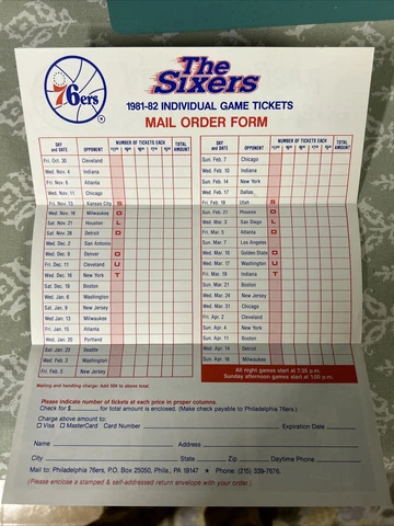 Vintage 1981-82 Philadelphia 76ers NBA Basketball Ticket Order Form - Dr J! Cover