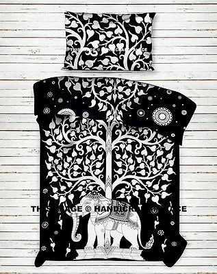 Colcha de algodón negro árbol de la vida elefante indio ropa de cama doble tiro Foto 1 de 2