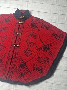 Handmade Red Alpaca Poncho with Inca Designs – One Size, 4 Buttons - Picture 1 of 7