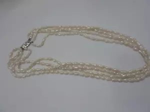 Vintage Genuine Fresh Water WHITE Rice Pearls Multi-strand Necklace Flower Clasp - Picture 1 of 6