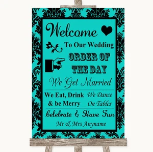 Turquoise Damask Welcome Order Of The Day Personalised Wedding Sign - Picture 1 of 8