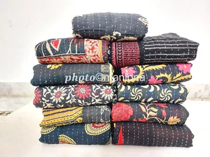Sofá cama reversible Kantha negro hecho a mano indio 1 pieza manta algodón - Imagen 1 de 2