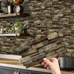 Brown-Tan Stone Backsplash Wallpaper Peel and Stick | No Texture,Adhesive Tile W - Picture 1 of 12