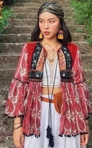 ZARA rare Red Embroidered Velvet Sequin Beaded Boho Hippie Kimono Jacket XL - Picture 1 of 10