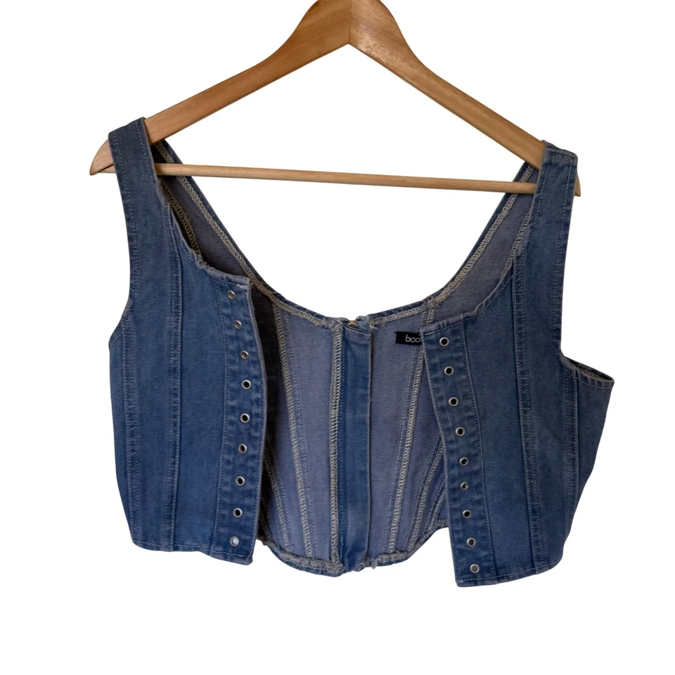 Boohoo Azul Denim Corsé Top Chaleco Cremallera Frontal Tachonado Detalle Recortado Foto 1 de 4