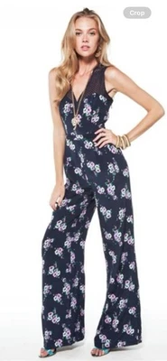 Mono Juicy Couture 6 Seda Crepé Cuello en V Malla Encaje Azul Marino Floral Pierna Ancha Usado en Excelente Condición Foto 1 de 4