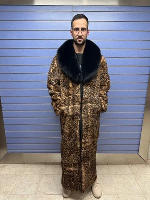 Luxury Leopard Print Fur Mens Coat Real Fur Coat With Big Fox Collar Full Length - Image 1 of 4