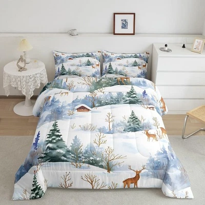 Winter Deer Comforter Set Queen Size,Christmas Snow Pine Quilt Set 3pcs,Boys ... - Image 1 of 4