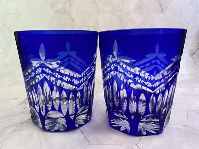 Juego de (2) vasos/whisky vintage azul cobalto cortados a transparentes. Ver fotos. Foto 1 de 4