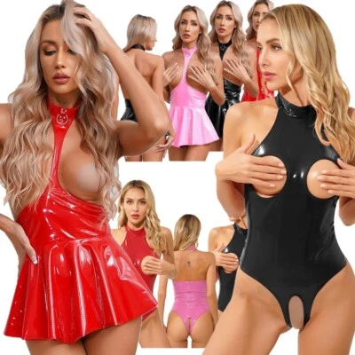 Body para mujer Wetlook de cuero de látex sin copa recorte leotardo traje de gato lencería Foto 1 de 4