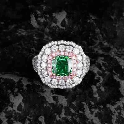 Women's Flower Halo Wedding Ring With Simulated Emerald, Tourmaline & Sapphire - Image 1 of 4