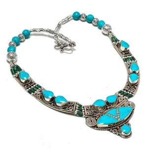 Collar nepalí joyería plata esterlina 925 hecha a mano con piedras preciosas turquesa dormida - Imagen 1 de 6