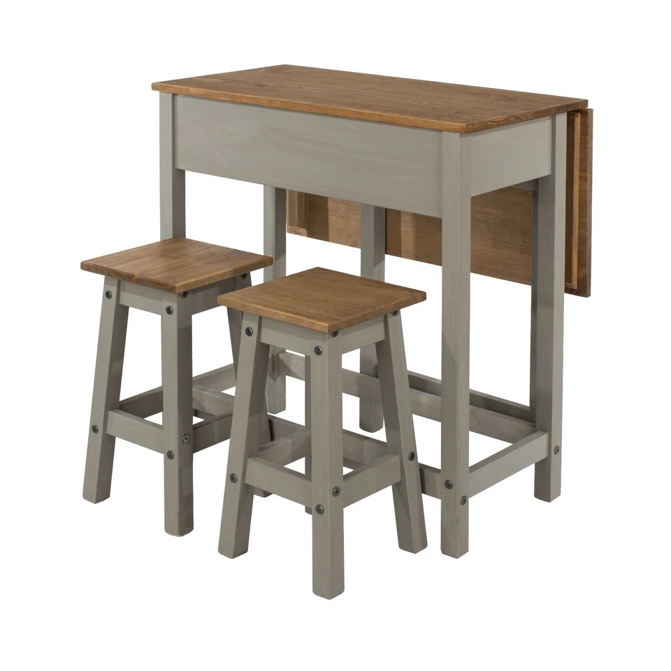 Corona High Table Counter Breakfast Bar Drop Leaf 2 Stools Kitchen Set Pine Grey - Image 1 of 4