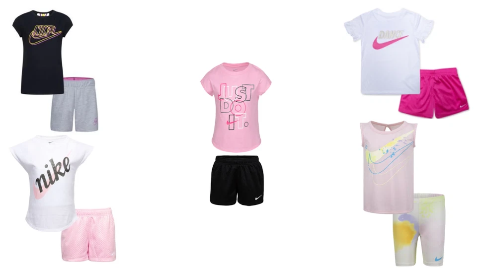 Nuevo conjunto de 2 camisetas y pantalones cortos tejidos Nike para niñas pequeñas 4-6X Elige talla y color Foto 1 de 1
