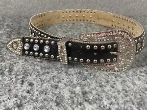 Cinturón Occidental Mujer Pequeño Negro Bling Tono Plateado Herradura Estrás Vaquera - Imagen 1 de 10