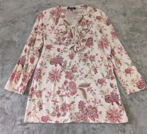 Chaps Top Ruffle String Yoke Women's XL Ivory Pink Floral Soft Cotton Knit - Picture 1 of 9