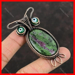 Copper Ruby Zoisite Gemstone Green Color Evil Eye Owl And Wire Wrapped Pendant - Picture 1 of 6