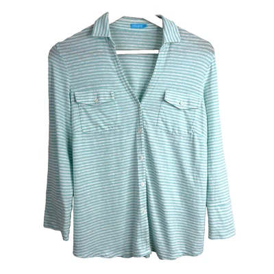 Camisa de linho J McLaughlin Brynn listrada M botão manga longa preppy praia costeira - Imagem 1 de 4